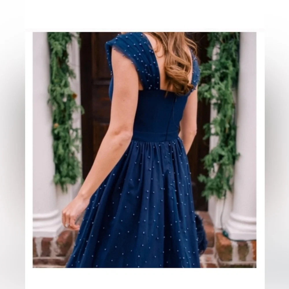 Gal Meets Glam Delores Navy Blue Pearl Beaded Dress Size 6 - Picture 4 of 6